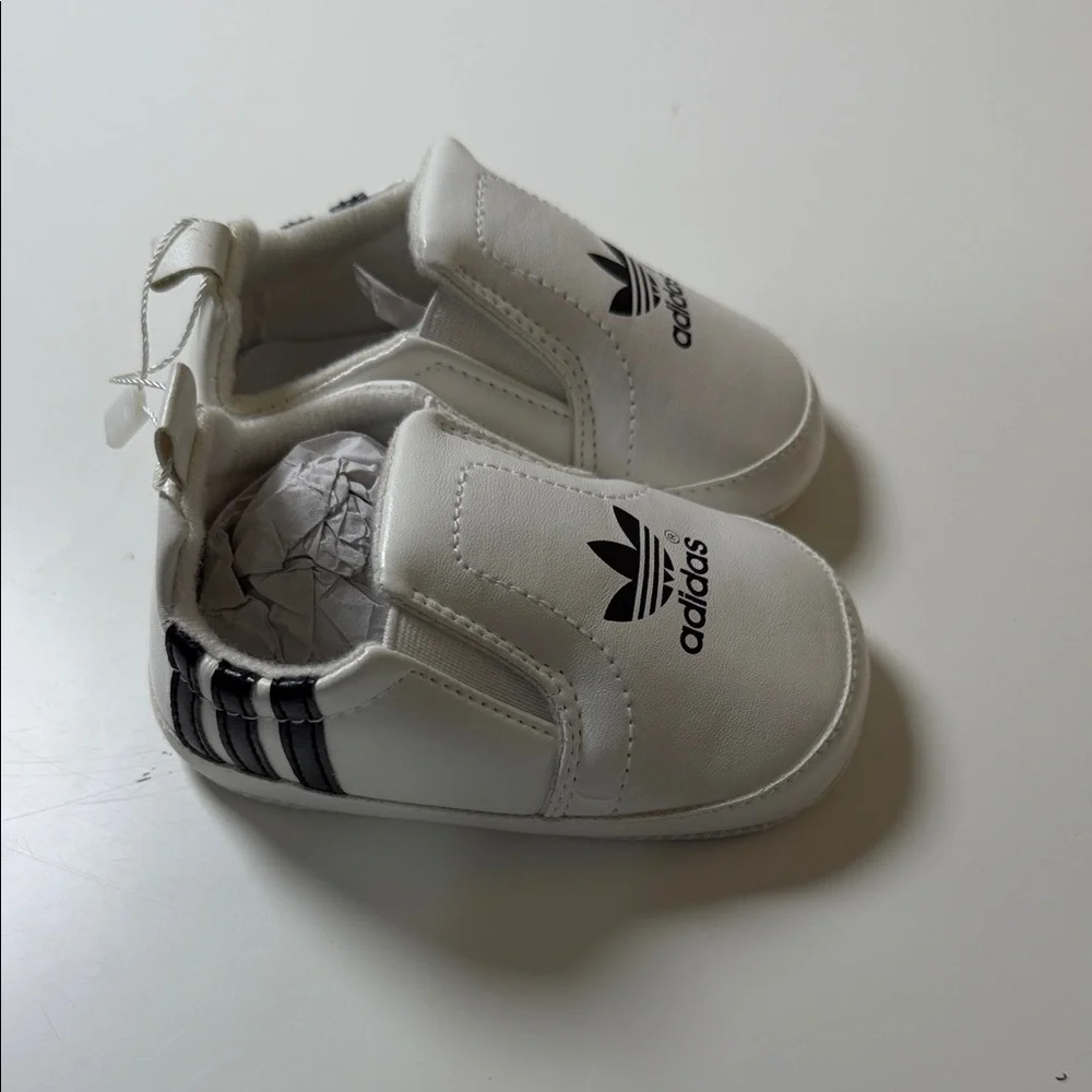 adidas White Slip-On Baby Shoes with Black Logo